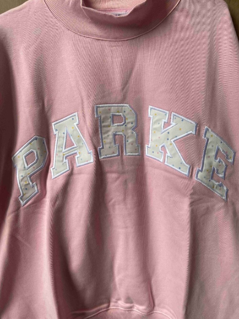 PARKE Confetti Letter Mock Neck Pullover Pink Casual Fleece Sweatshirt - Picture 3 of 5